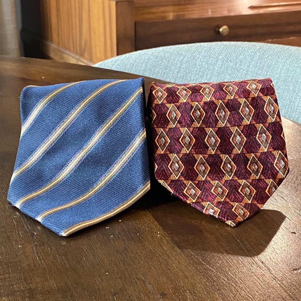 Two Ermenegildo Zegna Silk Ties - Stripped Navy and Burgundy Geometric Patterns